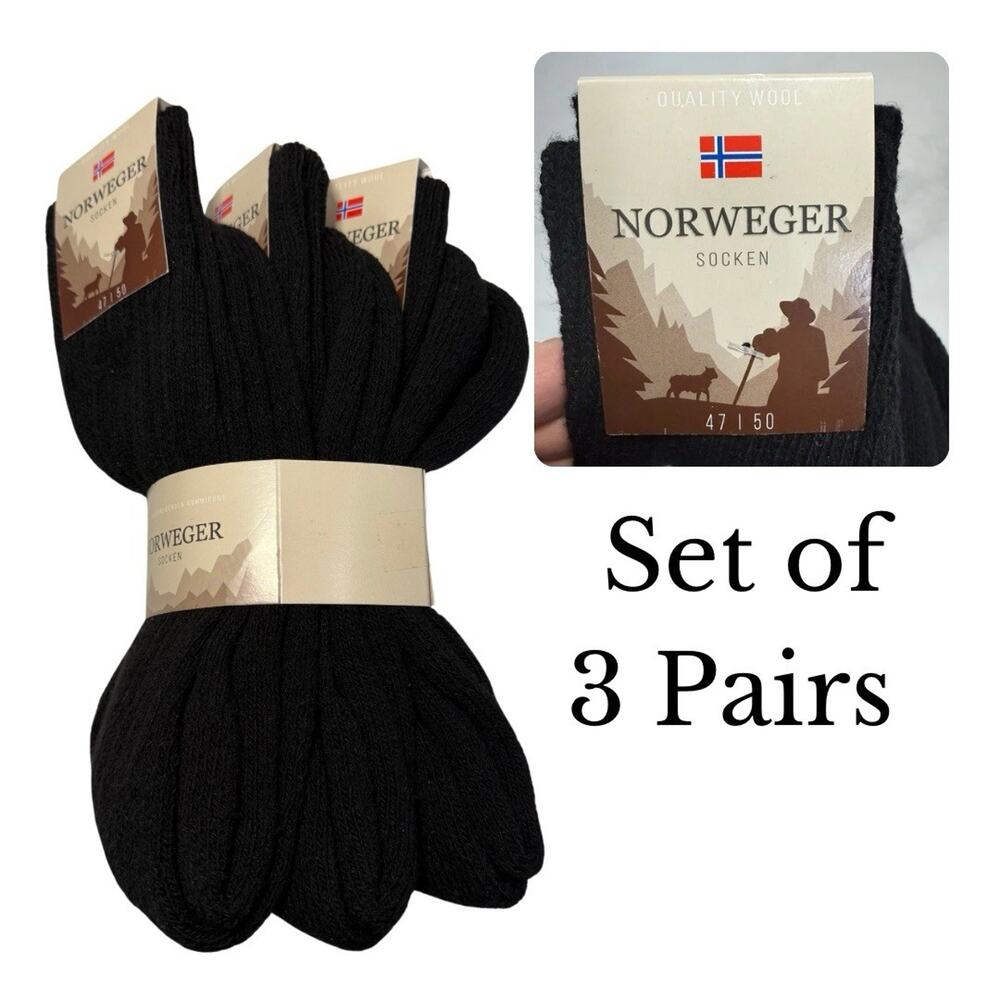 Norweger Socken 3 Pairs Heavy Wool Blend Men’s Socks Size 47/50 US XL BLACK NEW - Picture 1 of 3